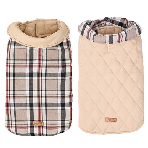 RUYICZB Hundemantel Winter, Wasserdichte Warme Jacke Für Kleine Mittlere Große Hunde, Outdoor Mit Geschirr Loch Karierte Wendejacke, Beige, L