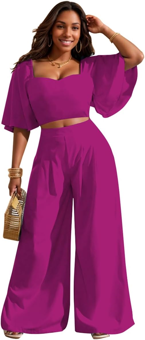 WUSENST Women's Summer 2 Piece Outfits 2025 Ruffle Sleeve Sweetheart Neck Crop Tops Wide Leg Pant Sets Casual Tracksuit