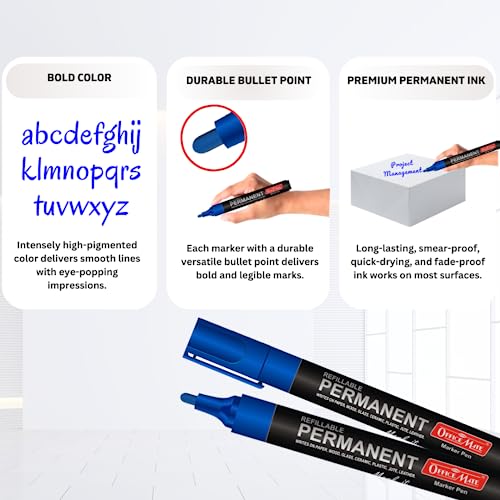 Image of Soni Officemate Permanent Marker Combo-Blue | 4 Markers + 4 Inks | Waterproof & Refillable | Multi-Surface Use | 4.43 mm Tip