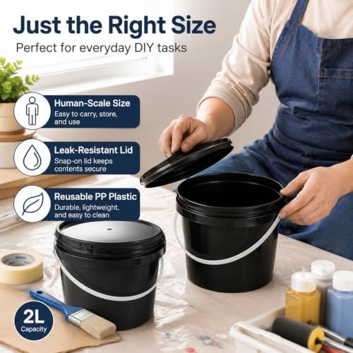Beavorty Plastic Paint Bucket with Handle and Lid, Black 2L/0.5 Gallon Container for Paint Storage and Portable - 5