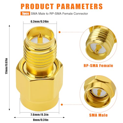 KUOQIY 5 PCS SMA Male to RP-SMA Female Adaptor, SMA Coaxial Coax Adapter Connector, for WiFi Antenna FPV, Goggles, Router - Image 2