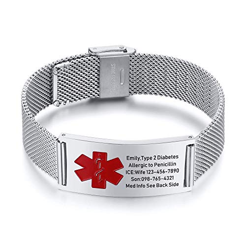 VNOX Width Medical Alert Bracelets for Men with Free Custom Engraving Adjustable Stainless Steel Mesh Emergency Medical ID Bracelets Wristband,Silver