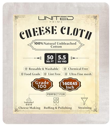 Cheese Cloths 100 Grade, 160X45 Inches - 50 Sq Feet Unbleached 100% Cotton Fabric - 5.5 Sq Yards Ultra Fine Mesh Muslin Cloth - Cheesecloth For Straining Cooking, Cheese Making, Washable & Reusable