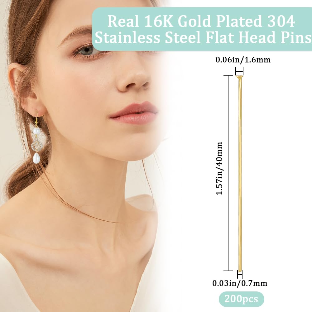 Beebeecraft 1 Box 200Pcs 40mm Flat Headpins 16K Gold Plated Stainless Steel Flat Head Jewelry Making Pins 21 Gauge Bendable Wire Pin for Jewellery Earring DIY Craft Head: 1.6mm - Image 2