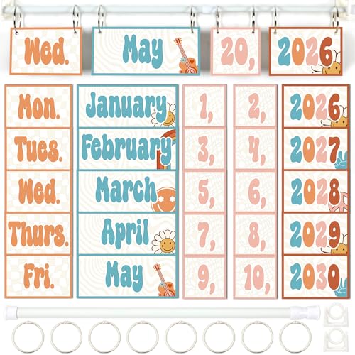 Image of Groovy Flip Calendar Bulletin Board Set Retro Hippie Calendar for Classroom Whiteboard Decor with 2026 to 2030 Years Date Cards and Adjustable Rod for Home Elementary Back to School Teacher Supplies