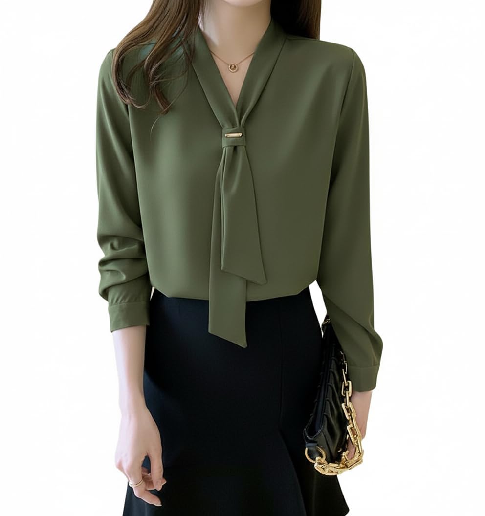 pinkhub Women's Bow Tie Neck Blouse, Olive Green, Long Sleeve, V-Neck with Tie Detail, Office Formal Wear-picture-42