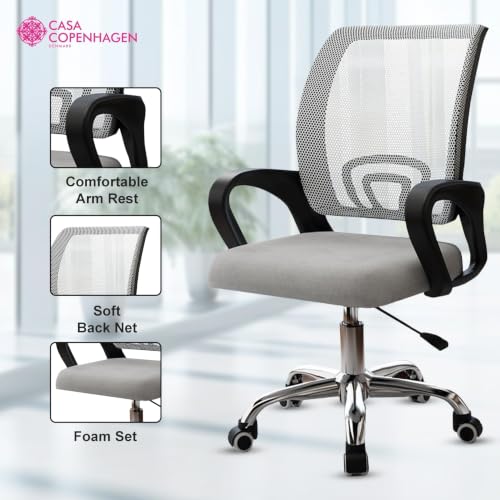 Image of Casa Copenhagen Mesh Mid Back Office /Study /Computer /Revolving /Desk Chair for Work from Home -Metal Base, Height Adjustable Seat - Oak Grey & Black Handle