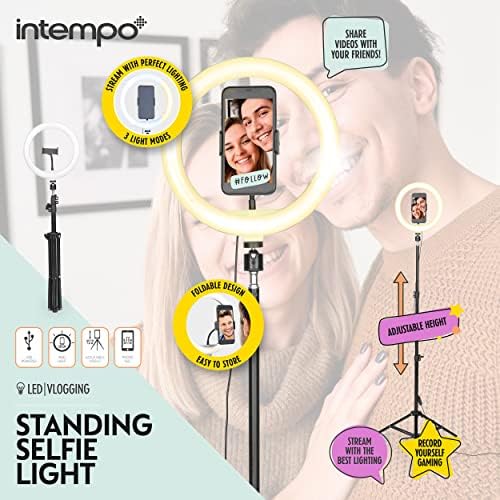 Intempo EE7222BLKSTKEU7 Selfie Light Stand, 26cm Free Standing Ring Light with 3 Modes, Extendable Height Up to 1.6 M, Easy to Use Controller, Foldable, USB Powered, for Vlogging and Streaming