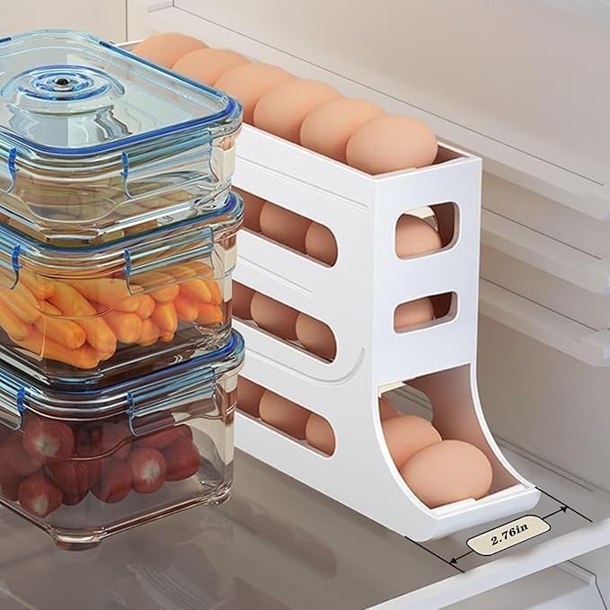Image of (1Pcs) Refrigerator Egg Holder: Egg holder with Automatic Rolling,4 Tiers,Egg Storage,Space Saving Refrigerator Food Storage Container for Kitchen Cabinet Rectangular White