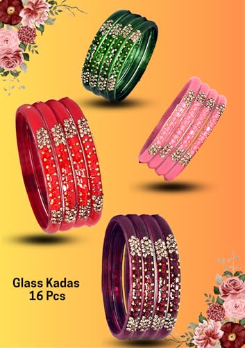 Image of Swara Creations Glass Bangles /Kadas for Women | Studded with Zircon & Golden dots |Fancy smooth finish Kadas | Red,Green,Mehrun,Pink Colors (16Pcs)(SKU296)