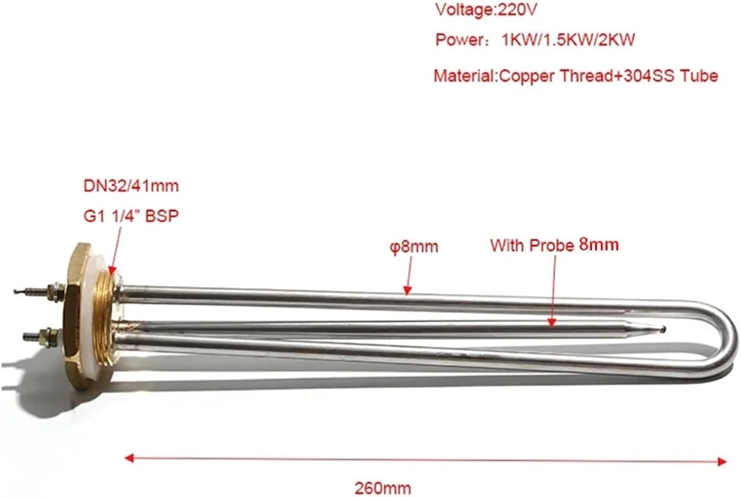 220V Water Heating Element One Phase 41MM G5/4 Copper Thread 1000W 1500W 2000W Heater Resistance with Thermostat Probe(220V 1KW 260mmL)