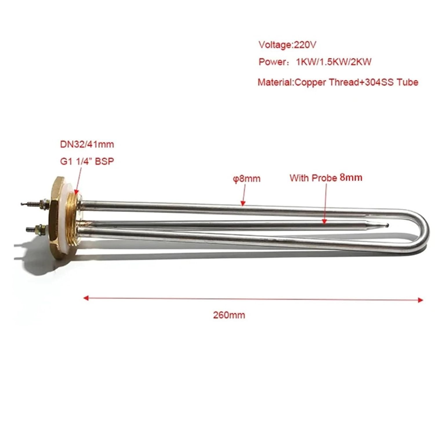 Immersion Water Heater Element G1 1/4" DN32/41mm Copper Thread 1KW1.5KW 2KW 304SS TubularHeating Tube Ten with Probe(110V 2KW 260mmL)