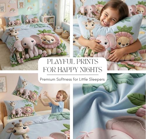 Image of HOMEKART Kids Cloud Cotton Bedsheet Double Bed | 210 TC Cartoon Printed Bedding Set with 2 Pillow Covers 7D| Soft, Wrinkle-Free | 108 x 108 Inches (Cute Jungle Animals)