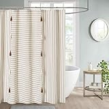 DOSLY IDÉES Taupe and Beige Stripe Patchwork Cotton Tassel Shower Curtain for Bathroom,Farmhouse,Cou
