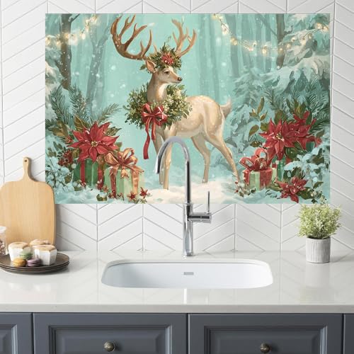 Image of Christmas Reindeer Wreath Backsplash Peel and Stick, 35.4x23.6 in