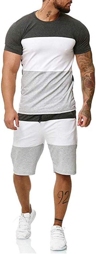 Men's Summer Sports Tracksuits Casual Block Colour Short T Shirts + Shorts 2 Piece Set Gym Running Jogging Jumper Quick Dry Soft Stretch Sportsuits (Choose 1-2 Size up Would be Better)