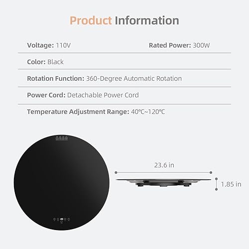 Miniatura 6 de Calentador eléctrico redondo de alimentos de 24 pulgadas, bandeja giratoria automática para mesa, 9 temperaturas ajustables para mantener la comida