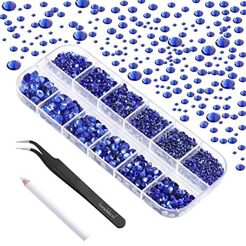 Image of Beadsland Rhinestones for Makeup,8 Sizes 2500pcs Blue Flatback Rhinestones Face Gems for Nails Crafts with Tweezers and Wax Pencil,Sapphire,SS4-SS30