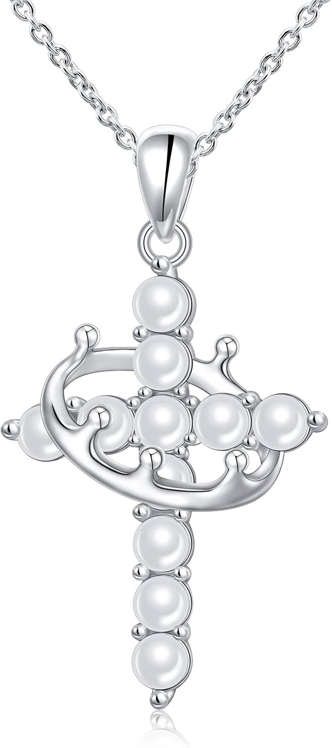 Crown Cross Necklace for Women,925 Sterling Silver Cross Necklace with Pearl Religion Faith Protection Jewelry for Women Inspirational Baptism Gifts for Daughter Mother Love One