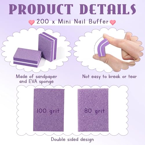 Leriton 200 Pcs Mini Nail Buffer Blocks Bulk Sponge Double Sided Buffing Sanding Block Manicure Tools Bulk Nail File for Acrylic Nails and Natural Nails(80/100,Purple)