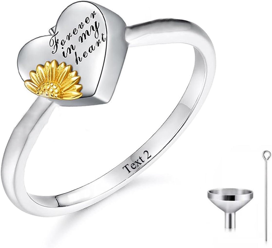 Heart Urn Rings for Ashes for Women 10K 14K 18K Real Gold Sunflower Cremation Ring Holds Loved Ones Ashes, Personalized Memorial Keepsake Ring Engraved Name Jewelry