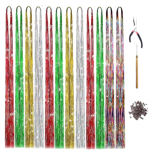Christmas Hair Tinsel Kit Heat Resistant, GlitterHair Extensions Kits with Tools Beads and Red Green Silver Gold for Women Girls Kids Children Christmas Hair Accessories Halloween Party