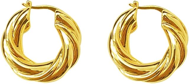 Chunky Twist Knot Love 5mm Thick Fashion 14K Gold Plated Huggy Hoop Earrings for Women Girls Sensitive Ear Dainty Click Top Huggie Hoops Jewelry Gifts 23mm