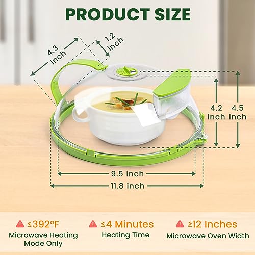 Gracenal Microwave Cover for Food, Clear Microwave Splatter Cover with Water Steamer and Handle, 10 Inch Plate Covers, Kitchen Gadgets and Accessories, House Essentials for Gifts, Green
