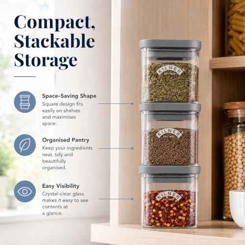 Image of Kilner Fresh Storage 160ml Airtight Glass Spice Jar Durable Vacuum Seal Lid BPA-Free Glass for Herbs Spices Pantry Cupboard Kitchen Organisation