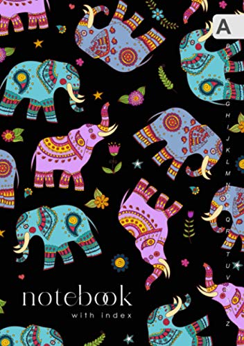 Notebook With Index: A5 Lined-Journal Organizer Medium With A-Z Alphabetical Sections | Traditional Style Decorated Elephant Design Black