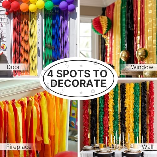 Image of PartyWoo Crepe Paper Streamers 6 Rolls 492ft, Pack of Metallic Gold Black Green Red Yellow Crepe Paper Streamers, Crepe Paper for Black History Month Party Decorations (1.8 in x 82 Ft /Roll)