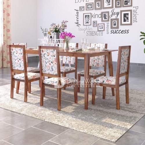 Image of DRIFTINGWOOD Atlantis Sheesham Wood Dining Table 6 Seater | Wooden Six Seater Dinning Table with Floral Cushion Chairs | Dinner Table 6 Seater | Dining Room Sets | Self Assembly, Honey Finish