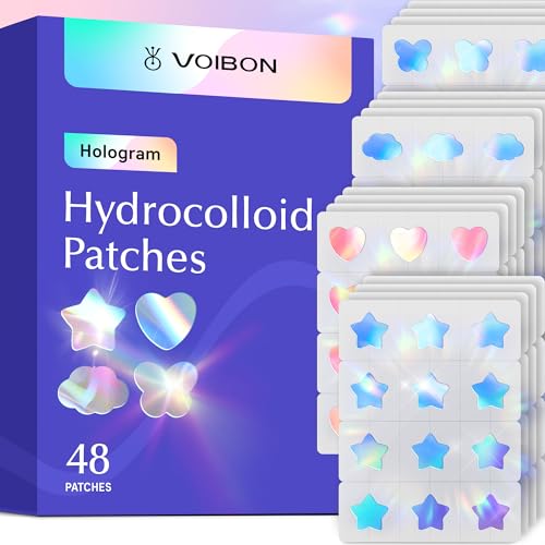 Voibon Hologram Pimple Patches for Face, Cute Hydrocolloid Acne Patches, Salicylic Acid & Tea Tree Colorful Star Spot Stickers,Zits & Blemish,Pink Heart Blue Cloud Butterfly Zit Patches 12MM(48 Count)