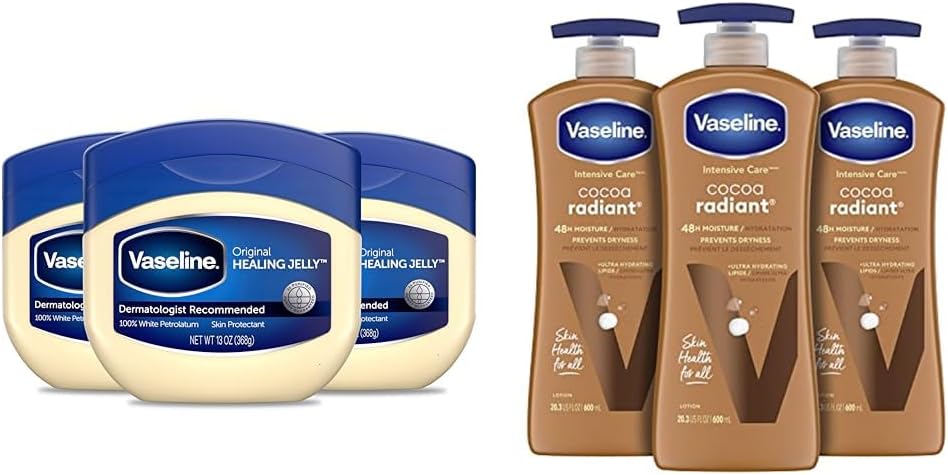 Vaseline Petroleum Jelly Original 3 Count Provides Dry Skin Relief & Intensive Care Body Lotion for Dry Skin Cocoa Radiant Lotion Made