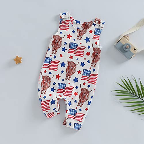 Karuedoo Western Baby Boy Girl Clothes Cow Print Sleeveless Romper Jumpsuit One Piece Bodysuit Outfit Boho Summer Clothes (4Th Of July Outfit-White Usa Flag Cow, 12-18 Months) #TOP3