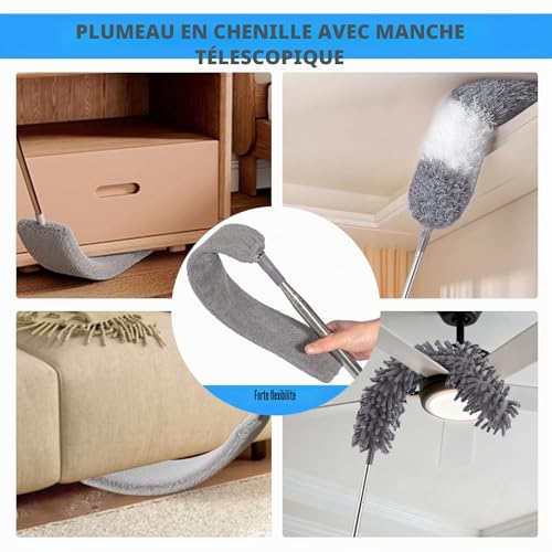 Lot de 7 plumeaux télescopiques lavables en Microfibre avec Balai d'angle Flexible - Dépoussiéreur - pour Les Toiles d'araignée - Extensible jusqu'à 2,52 m - Réutilisables et Flexibles – vue 4