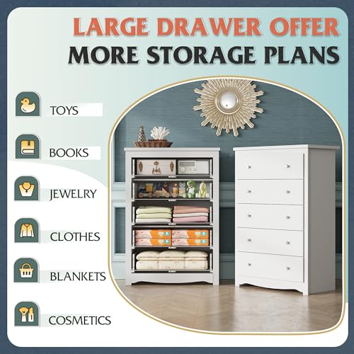 WLIVE White 5 Drawer Wood Dresser, Wooden Chest of Drawers for Bedroom, Storage Cabinet and Organizer Drawers for Living Room, Hallway, Closet, Measuring 15.75" W*31.50" D*45.35" H
