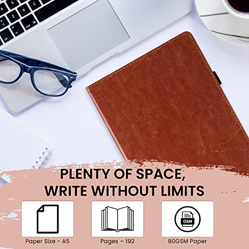 Image of Cubic Diary with Faux Leather Cover for Writing, Planning, Travel, Office Use, 80gsm A5 Paper Size, Hard Cover Binding Journal with Pen Loop, College Ruled Notebook, Color - Brown (176 Pages)