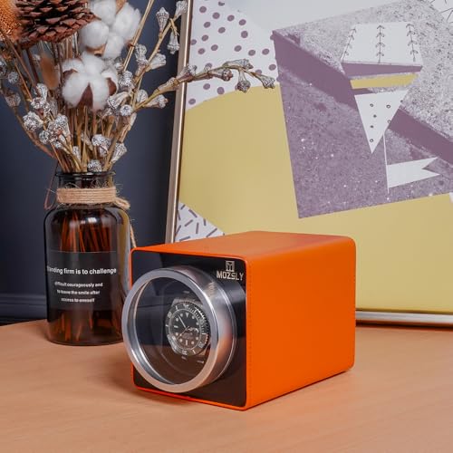 Image of MOZSLY Watch Winder for Automatic Watches Single Rotating Watch Box with Quiet Motor 12 Rotation Mode Setting Battery Powered or AC Adapter PU Leather