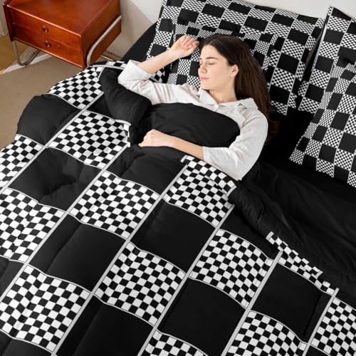 Image of Erosebridal Geometric Checkered Full Bed in A Bag 7 Piece Black White Buffalo Plaid Comforter Set with Sheets Checkerboard Gingham Bedding Sets for Kids Boys Teen,Modern Fashion Grids Bed Set