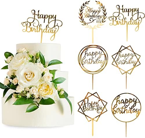 Whaline 6 Pack Happy Birthday Cake Topper Acrylic Cupcake Topper for Various Birthday Cake Decorations, Gold