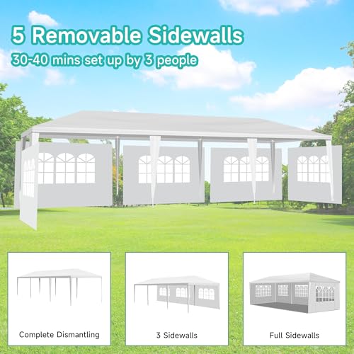 Image of 10' x 30' Outdoor Canopy Tents with 5 Detachable Sidewalls, Patio Gazebo Tents, Shade Shelters for Birthday, Events, Party, Wedding, Gatherings and Patio (White, ZP-DCK-5M-BS01)