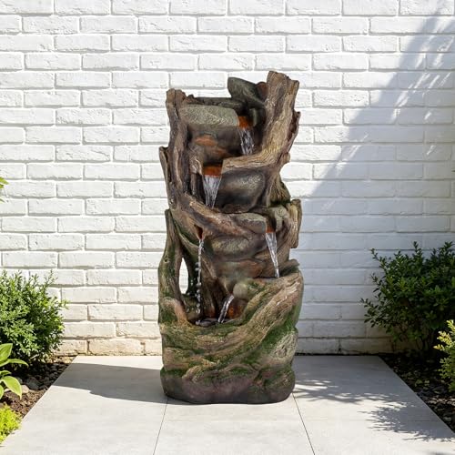 Image of Driftwood Rock Outdoor Water Fountain, Resin with LED, 38.6 in | Cascading waterfall, mimics driftwood & river rock, fitted with pump, indoor & outdoor decor for garden, patio and yard