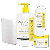 La Petite Creme French Diapering Starter Bundle - Includes Organic Diaper Lotion (8 oz and 2 oz), Diaper Balm (1 oz), and 50 Disposable Cotton Pads - Baby Essentials for Newborn - Baby Shower Gift Set