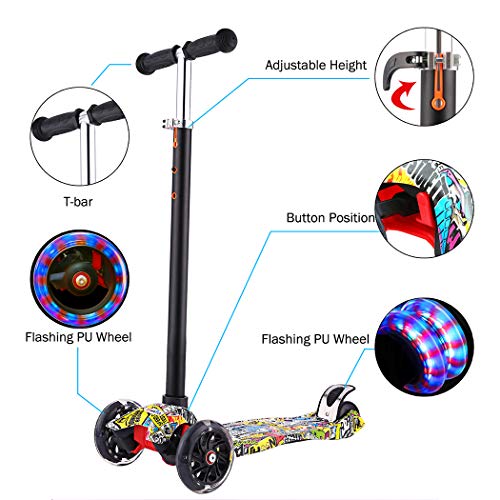 Scooter for Kids with Light Up 3-Wheels for Toddlers,Adjustable Height Lean to Steer with Extra-Wide Deck PU LED Flashing Wheels Kick Scooter for Boys Girls from 3-12 Years Old,Capacity 110lb