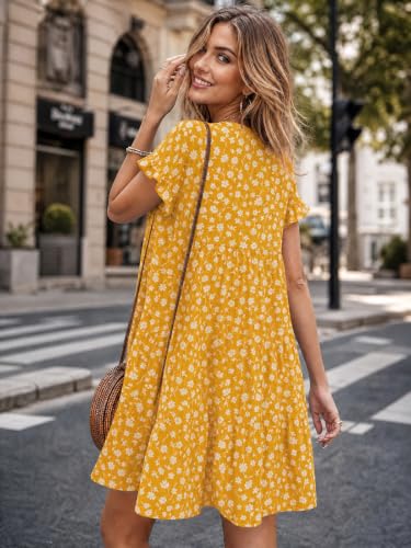 Image of Imysty Womens Boho Floral Ruffle Sleeve Babydoll Loose Flowy Casual Summer Pleated Mini Dress