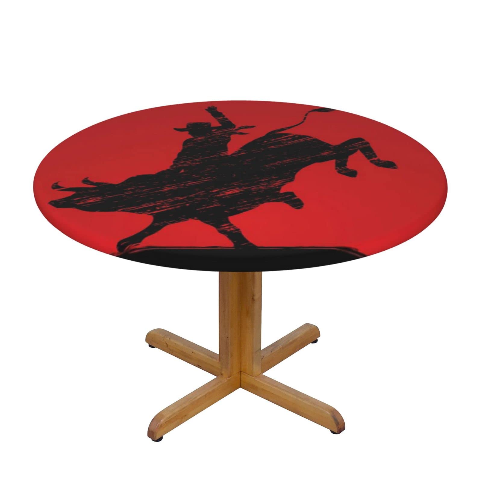 Lsjuee Round Fitted Tablecloth 45-50in Elastic Edged Table Cloth for Kitchen Dining Party Home Decor - Cowboy Bullfighting Western Black