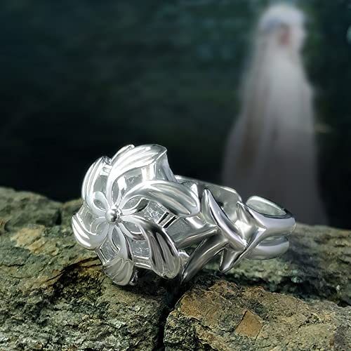 Bahamut Elven Queen Galadriel Nenya 925 Sterling Silver Flower Wedding Band Ring For Women Adjustable Open Rings Valentines Jewelry Gift (Light Silver, Adjustable) #TOP1