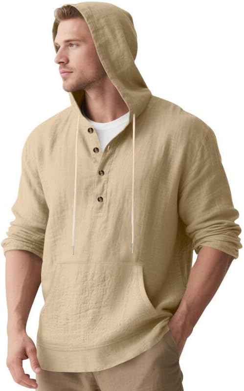Men's Linen Hoodie Lightweight Hawaiian Shirt Casual Beach Shirt with Pockets - Image 4