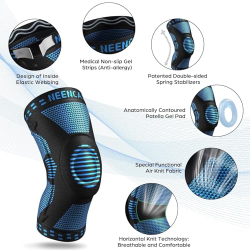 Image of NEENCA Professional Knee Brace, Compression Knee Sleeve with Patella Gel Pad & Side Stabilizers, Medical Knee Pad for Running, Workout, Arthritis, Joint Recovery - Single (Blue, XXL)